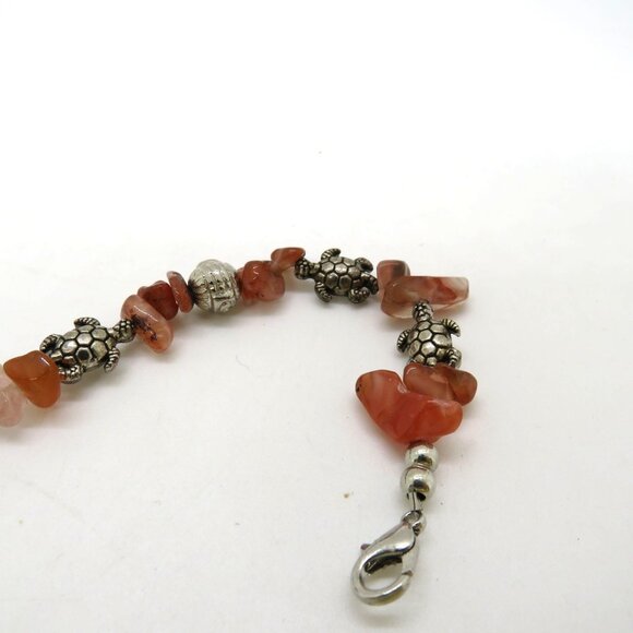 Carnelian Stone Chips Silver Bracelet Sea Turtle Silver Tone Charms - Picture 5 of 7